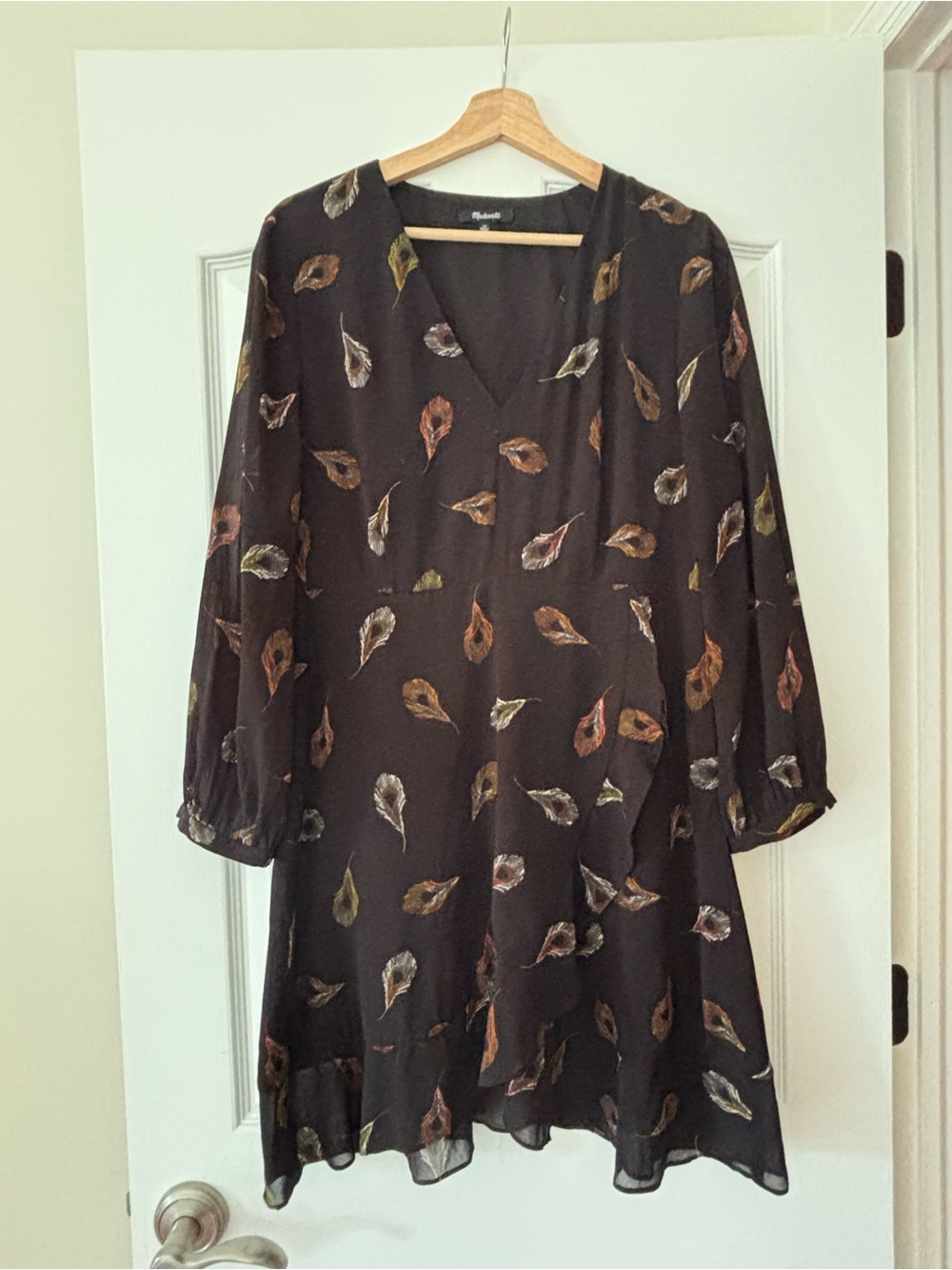 Madewell Black Mini Dress with Multicolor Feather Print